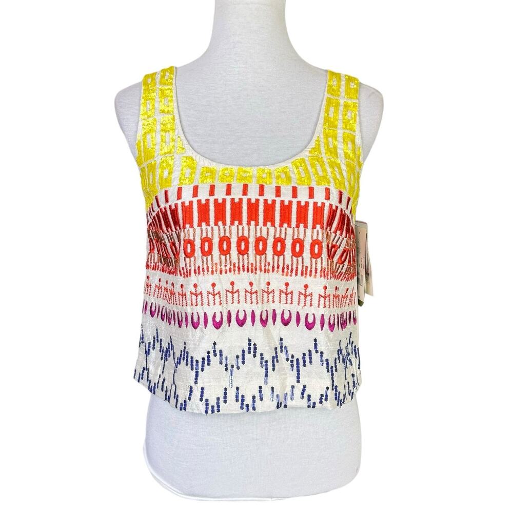 Artelier Nicole Miller NWT Silk Leather Sequin Embroidered Beaded Sleeveless Top